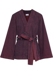 Ganni Woman Belted Acid-wash Denim Kimono Plum