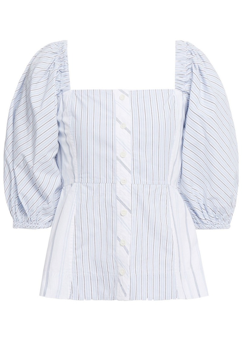 GANNI - Paneled striped cotton-poplin peplum blouse - White - DE 42