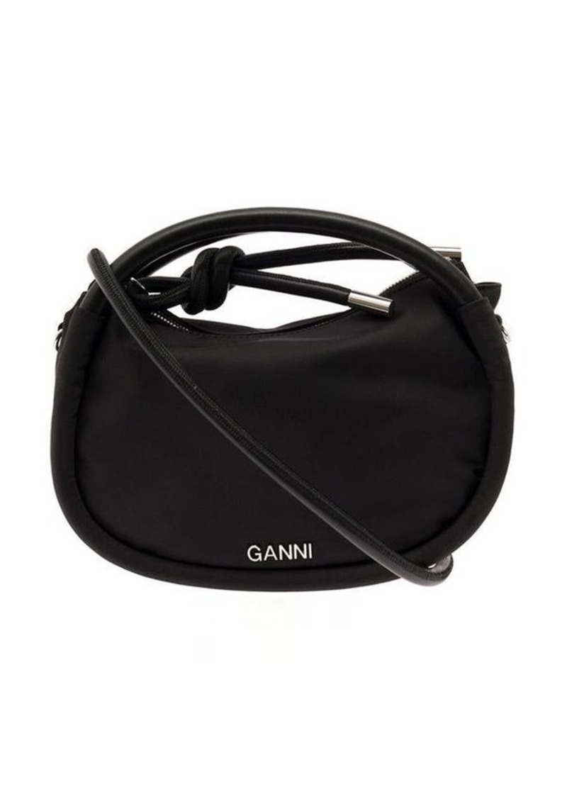 Ganni 'Knot Mini' Black Shoulder Bag with Logo and Knot Detail in Recycled Fabric and Leather Woman