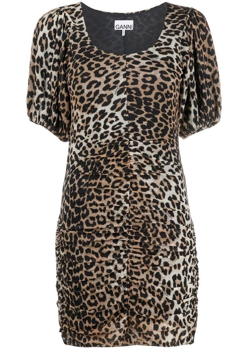 Ganni leopard-print ruched mini dress
