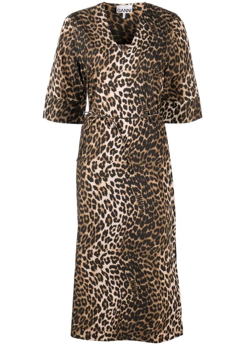 Ganni leopard-print tied-waist midi dress