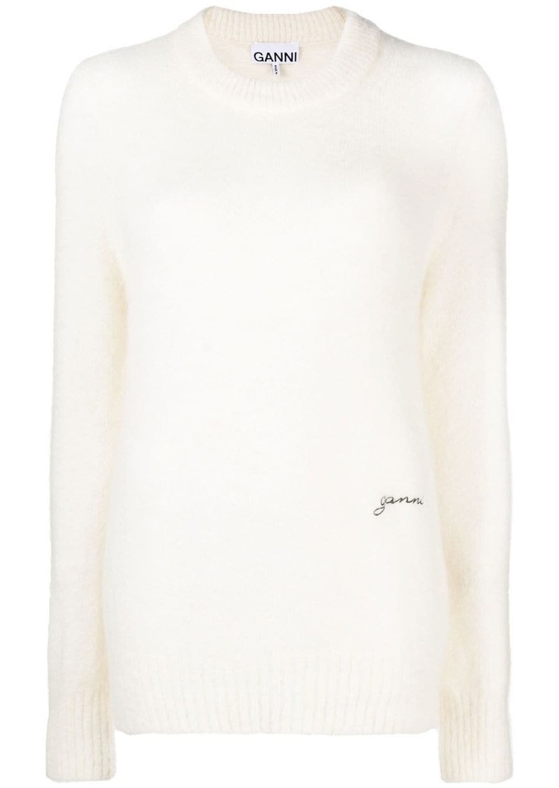 Ganni logo-embroidered crew-neck jumper