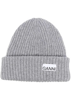 Ganni logo-patch rib-knit beanie