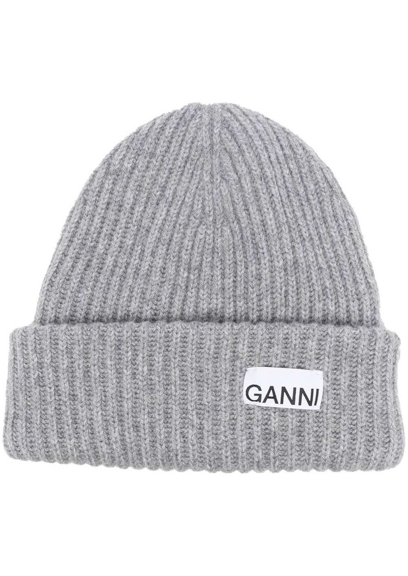 Ganni logo-patch rib-knit beanie