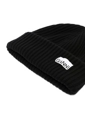 Ganni logo-patch ribbed-knit beanie