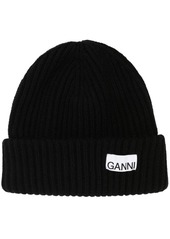 Ganni logo-patch ribbed-knit beanie