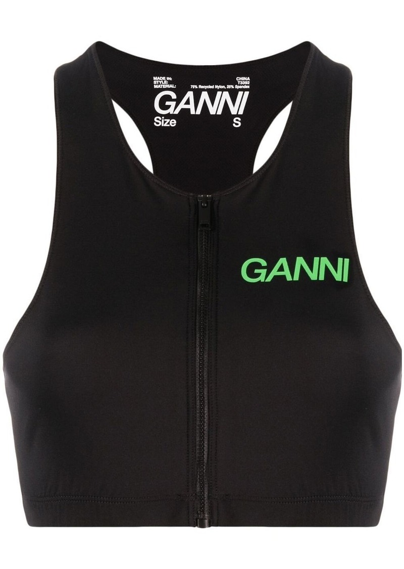 Ganni logo-print zip-up top