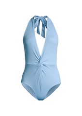 Ganni Recycled Fabric Textured Chambray One-Piece Swimsuit