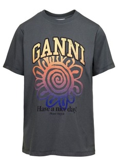 Ganni Relaxed Grey T-Shirt with Logo Print in Cotton Woman