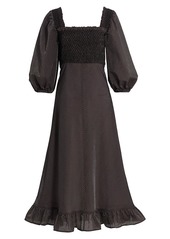 Ganni Seersucker Puff-Sleeve Midi Dress