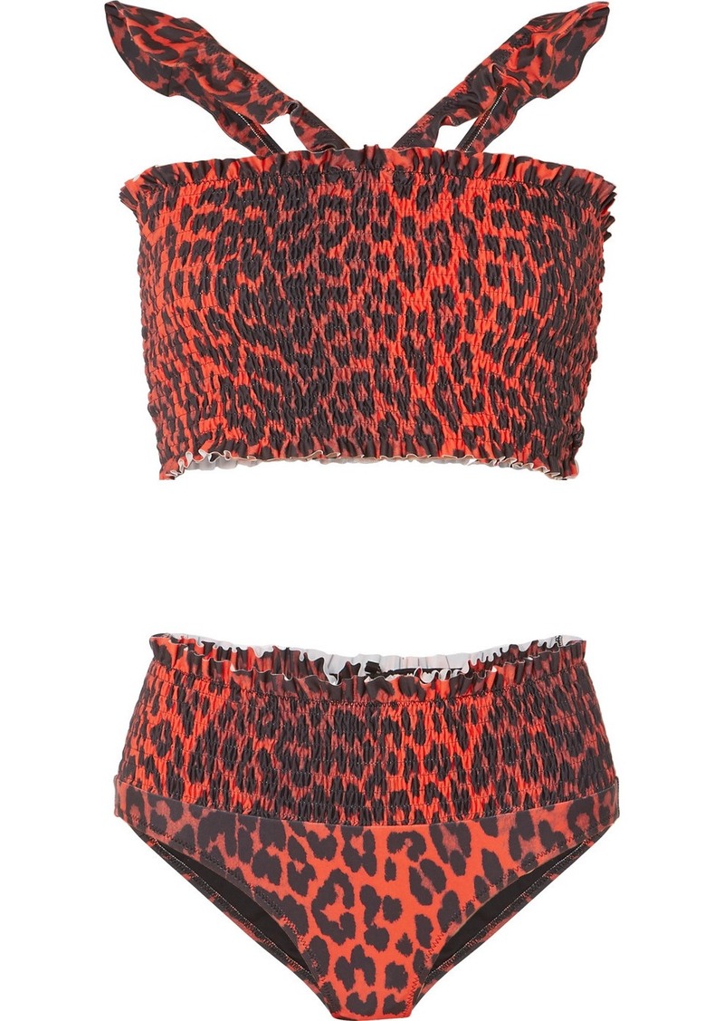Ganni Exclusive Shirred Leopard-print Bikini