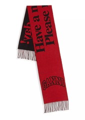 Ganni Slogan Wool Fringe Scarf