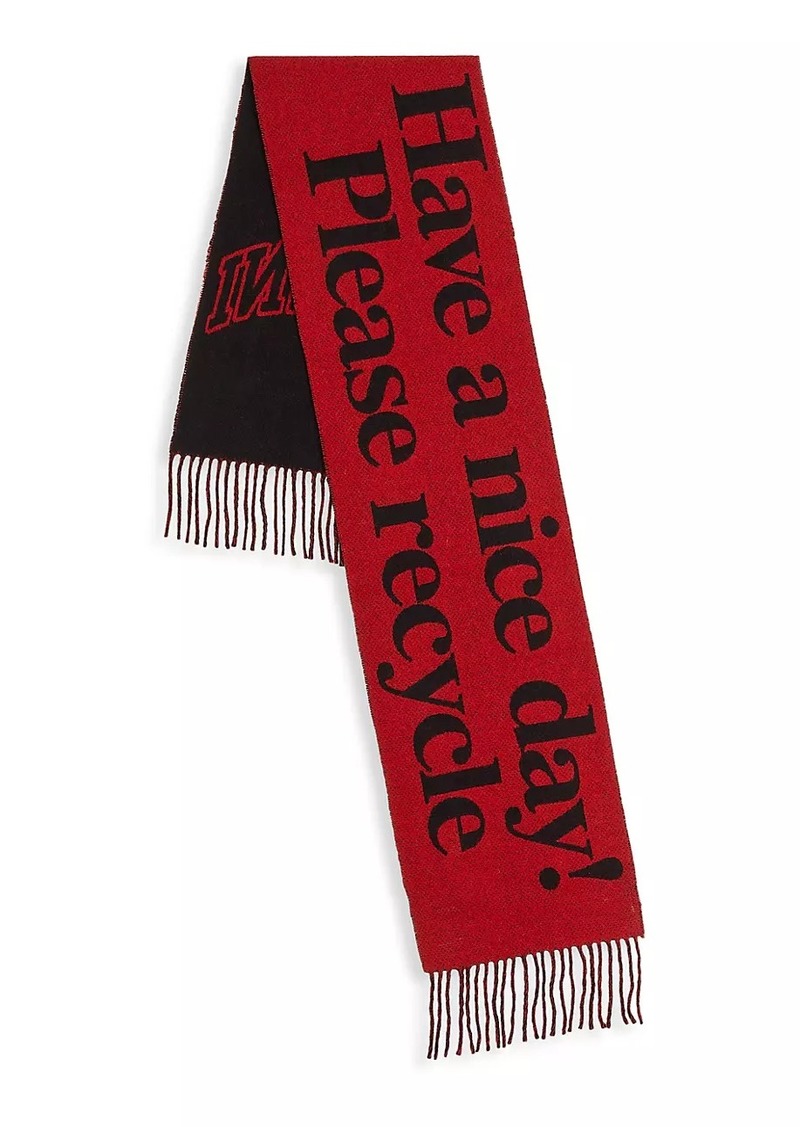 Ganni Slogan Wool Fringe Scarf