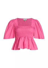 Ganni Smocked Cotton Poplin Peplum Blouse