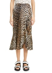 Women's Ganni Leopard Print Ruffle Stretch Silk Skirt