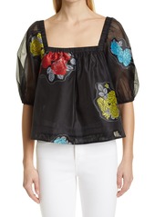 Ganni Patch Detail Organza Puff Sleeve Swing Top in Black at Nordstrom