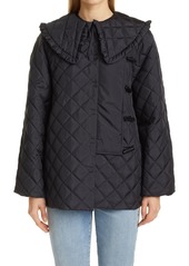 Ganni Quilted Recycled Ripstop Jacket with Removable Ruffle Collar in Black at Nordstrom