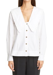 Ganni Ruffle Collar Cotton Poplin Shirt in Bright White at Nordstrom