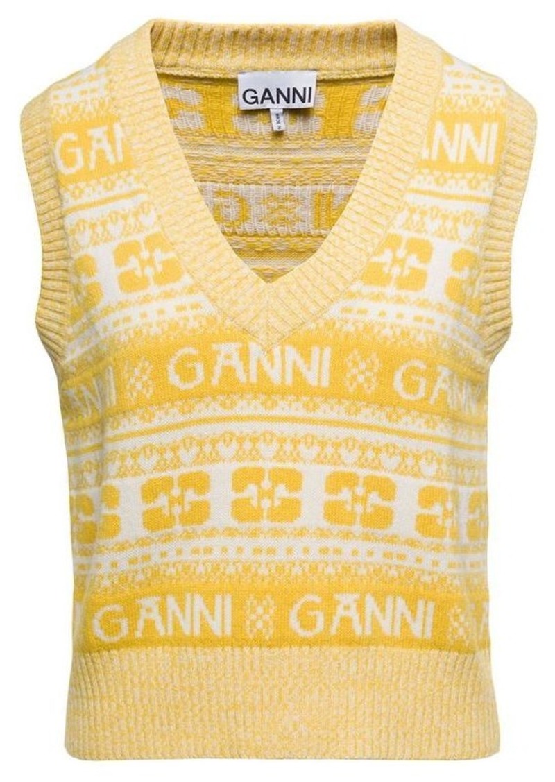 Ganni Yellow Vest with Jacquard Logo Motif in Wool Blend Woman