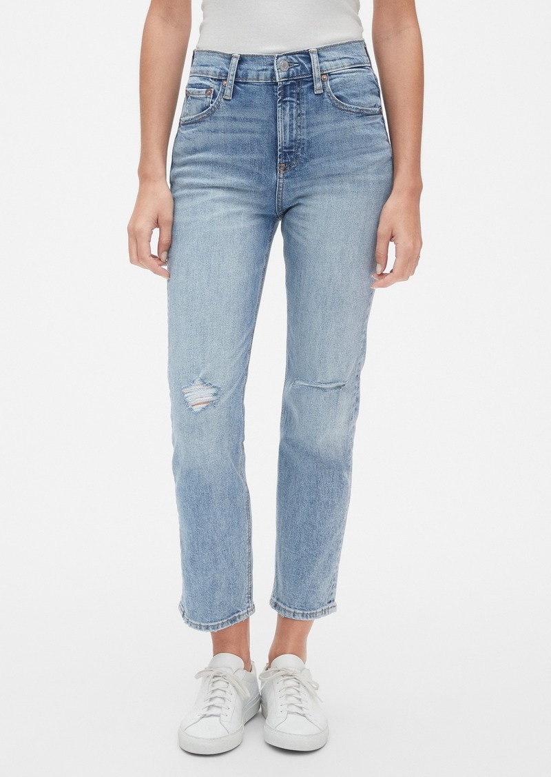 High Rise Cheeky Straight Jeans with Distressed Detail