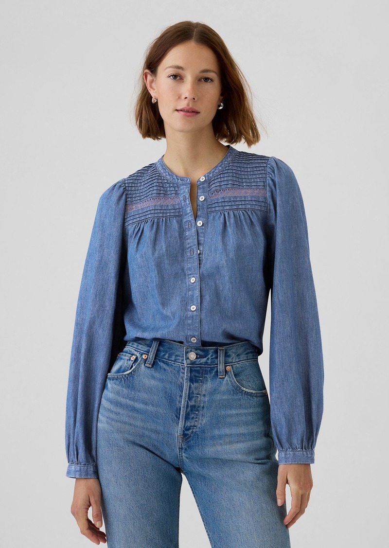 Gap Puff Sleeve Lace-Trim Denim Shirt