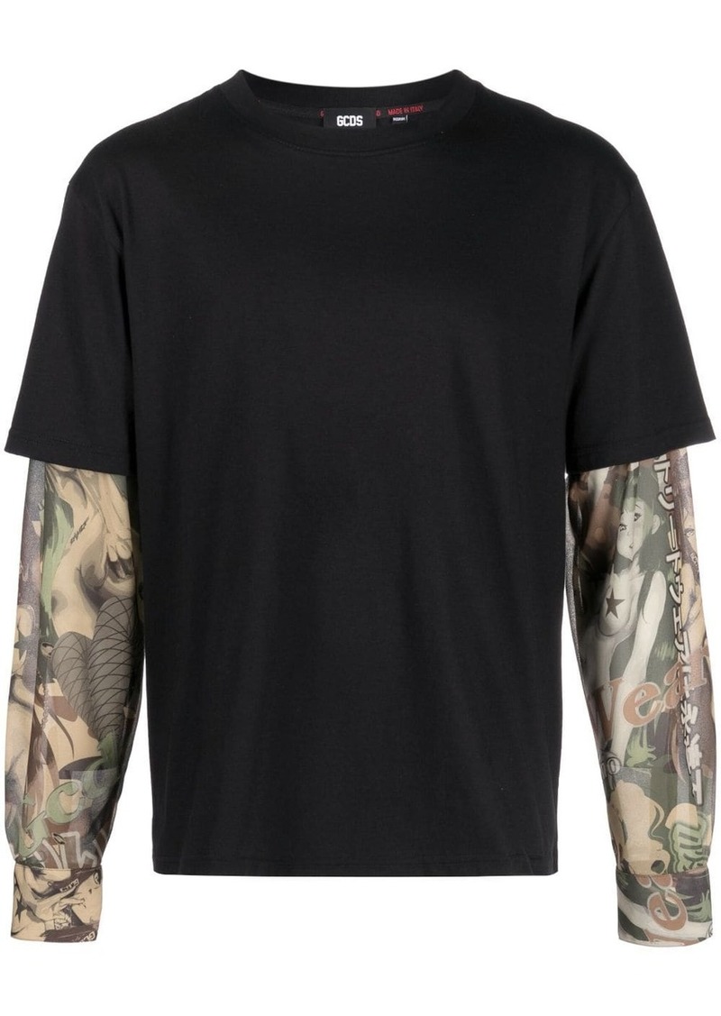 GCDS graphic-print layered cotton T-shirt