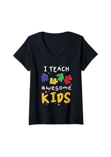 Genetic Denim Womens Autism Awareness Teacher Hope Inspire Love Fighter Child V-Neck T-Shirt