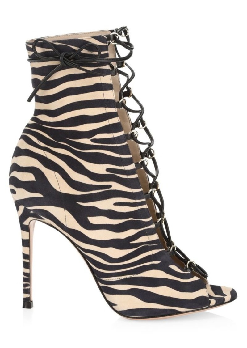 Lenoir Lace-Up Zebra-Stripe Leather Peep-Toe Booties