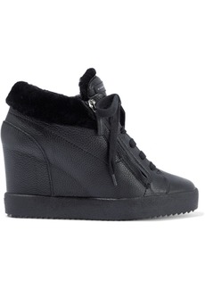 Giuseppe Zanotti - Addy shearling-lined pebbled-leather wedge sneakers - Black - EU 35.5
