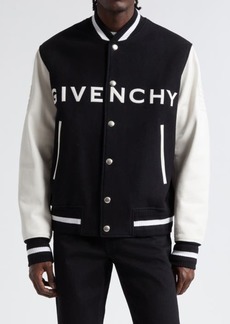 Givenchy Embroidered Logo Mixed Media Leather & Wool Blend Varsity Jacket