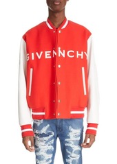 Givenchy Embroidered Logo Mixed Media Leather & Wool Blend Varsity Jacket