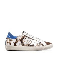 GOLDEN GOOSE SUPER-STAR LEO HORSY WITH HIBISCUS TRANSFER UPPER LAMINATED STAR SUEDE HEEL SHOES