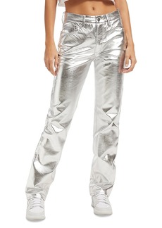 Good American Good Icon High Rise Straight Faux Leather Jeans in Powder Purple Metallic