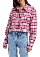 Good American Plaid Flannel Crop Button-Up Shirt in Sorority Pink Team Cardinal at Nordstrom