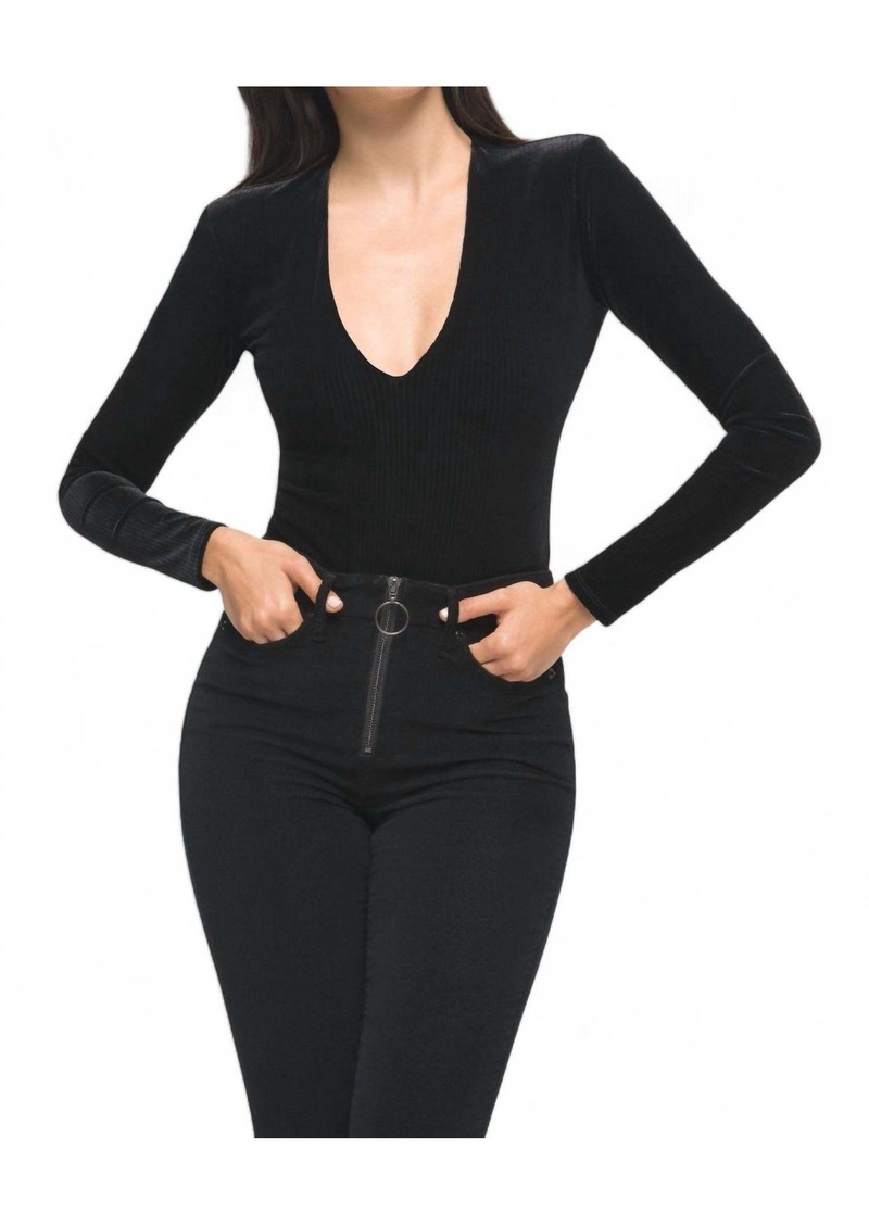 Good American Velvet Long Sleeve Deep V Bodysuit In Black