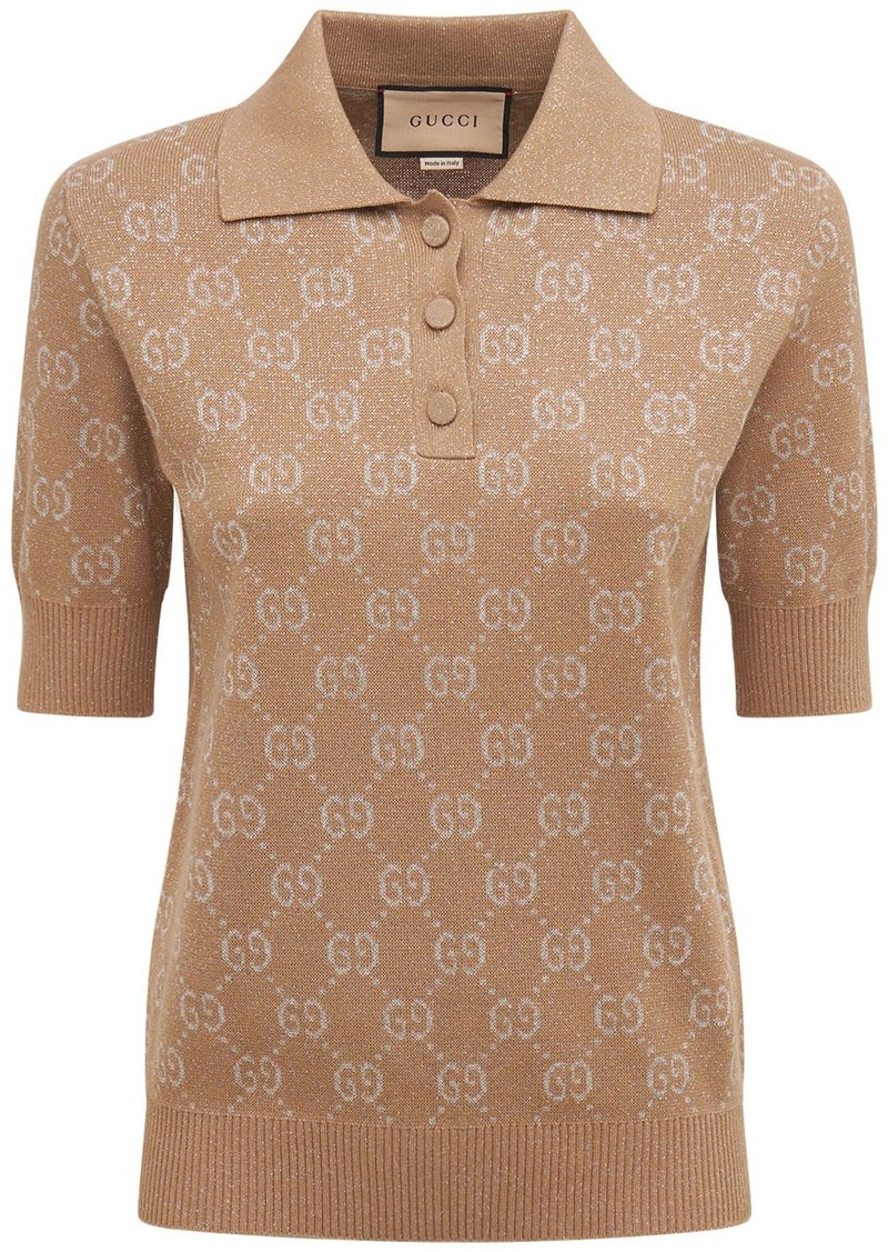 Gucci Cotton Jacquard Lamé Logo Knit Polo Top