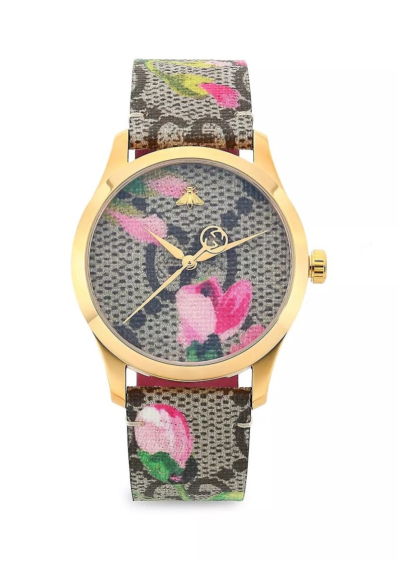 Gucci G-Timeless Pink Blooms Gold PVD & GG Supreme Canvas Strap Watch