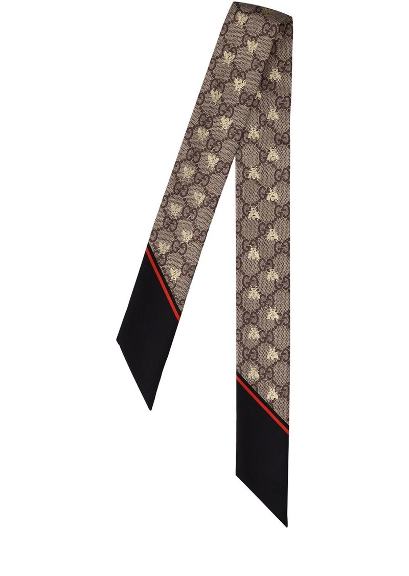 Gucci Gg & Bee Printed Silk Twill Neck Bow