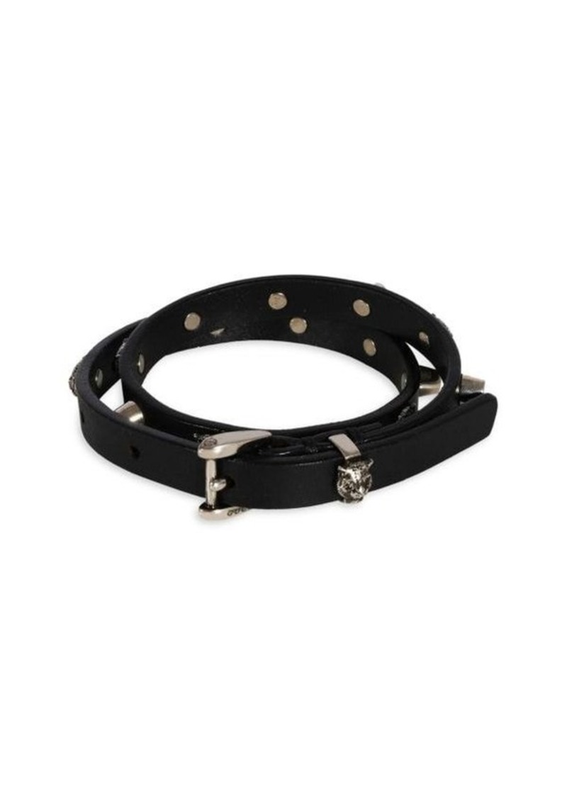 Gucci Black Leather Double Wrap Bracelet With Feline Heads Studs