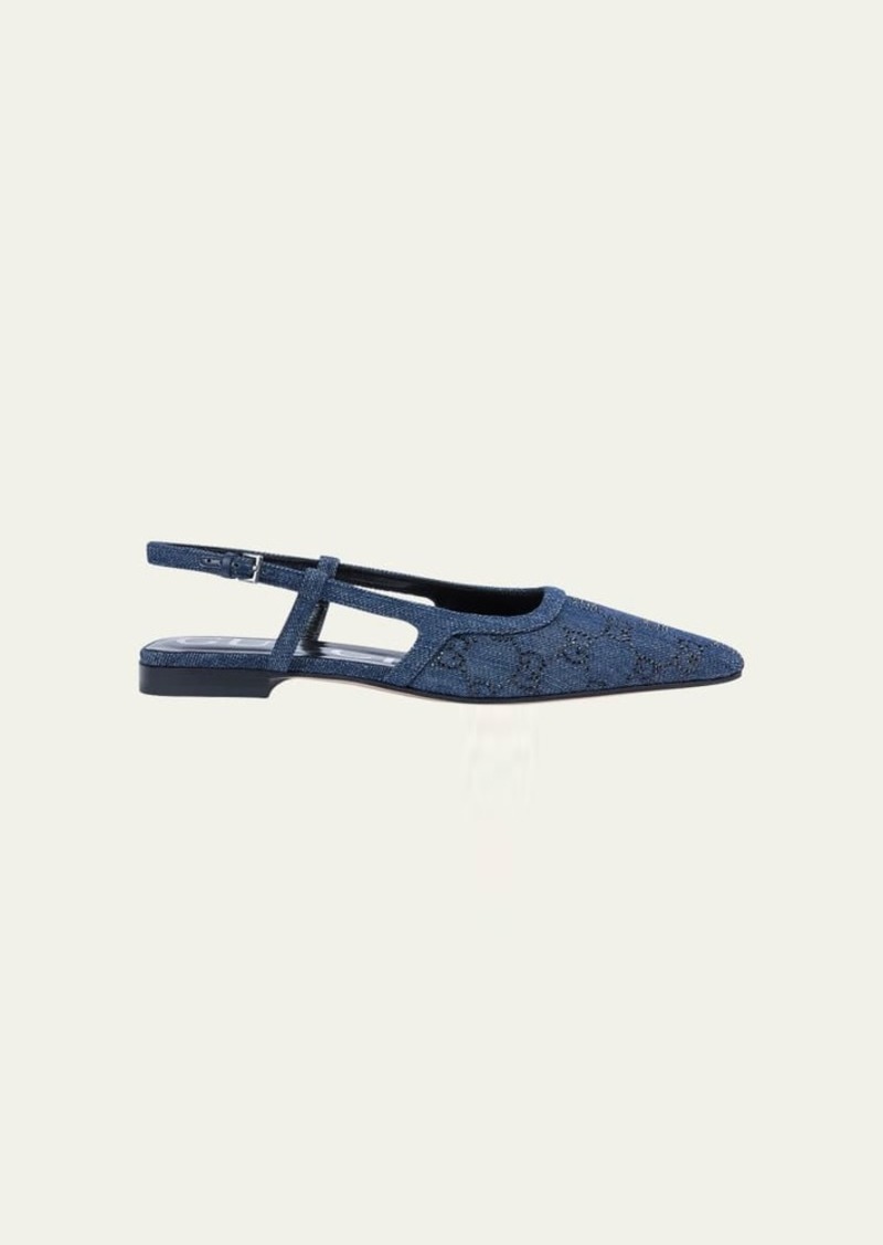 Gucci Demi Crystal GG Denim Slingback Ballerina Flats