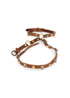 Gucci Gold Tone Tang Buckle Feline Head Palm Wrap Bracelet In Brown Leather