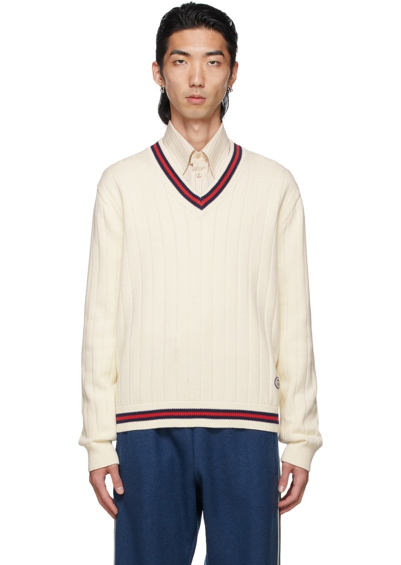 Gucci Off-White Knit Web V-Neck Sweater