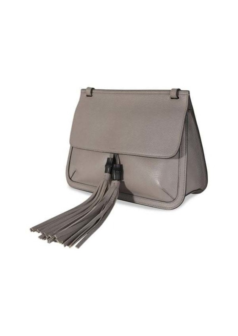 Gucci Storm Grey Pebbled Calfskin Medium Bamboo Daily Flap Shoulder Bag