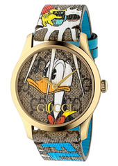 Men's Gucci X Disney Donald Duck G-Timeless Canvas & Leather Strap Watch