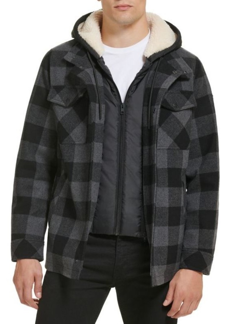 GUESS 2-In-1 Buffalo Check Wool Hooded Shacket