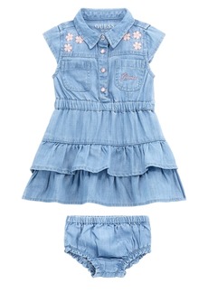 Guess Baby Girls Cap Sleeve Denim Dress with Ruffle Tier Skirt - Blue