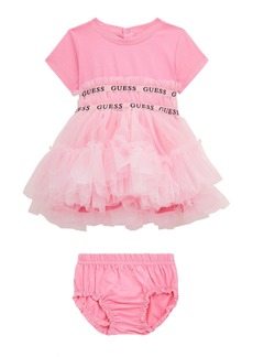 Guess Baby Girls Short Sleeve with Logo Taping Jersey Mesh Dress - Pink