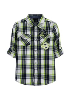 Guess Big Boys Embroidered Logo Patches Plaid Button Up Woven Shirt - Green