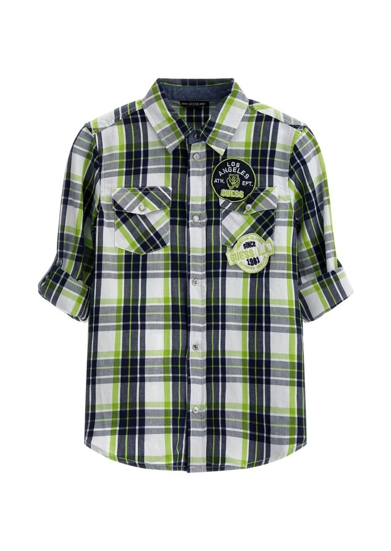 Guess Big Boys Embroidered Logo Patches Plaid Button Up Woven Shirt - Green