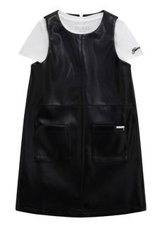 Guess Big Girls Short Rib T-shirt and Soft Faux Leather Jumper Dress Set, 2 Piece - Black